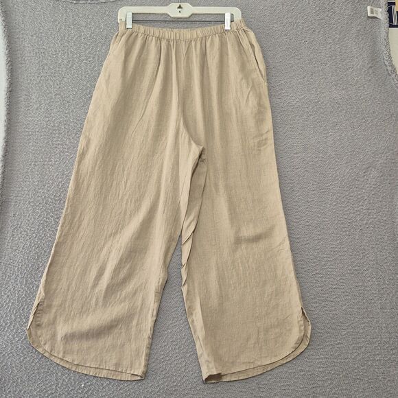 Flax Women's Elastic Waist Pull On 100% Linen Tan Wide Leg Pants Medium - Picture 1 of 9